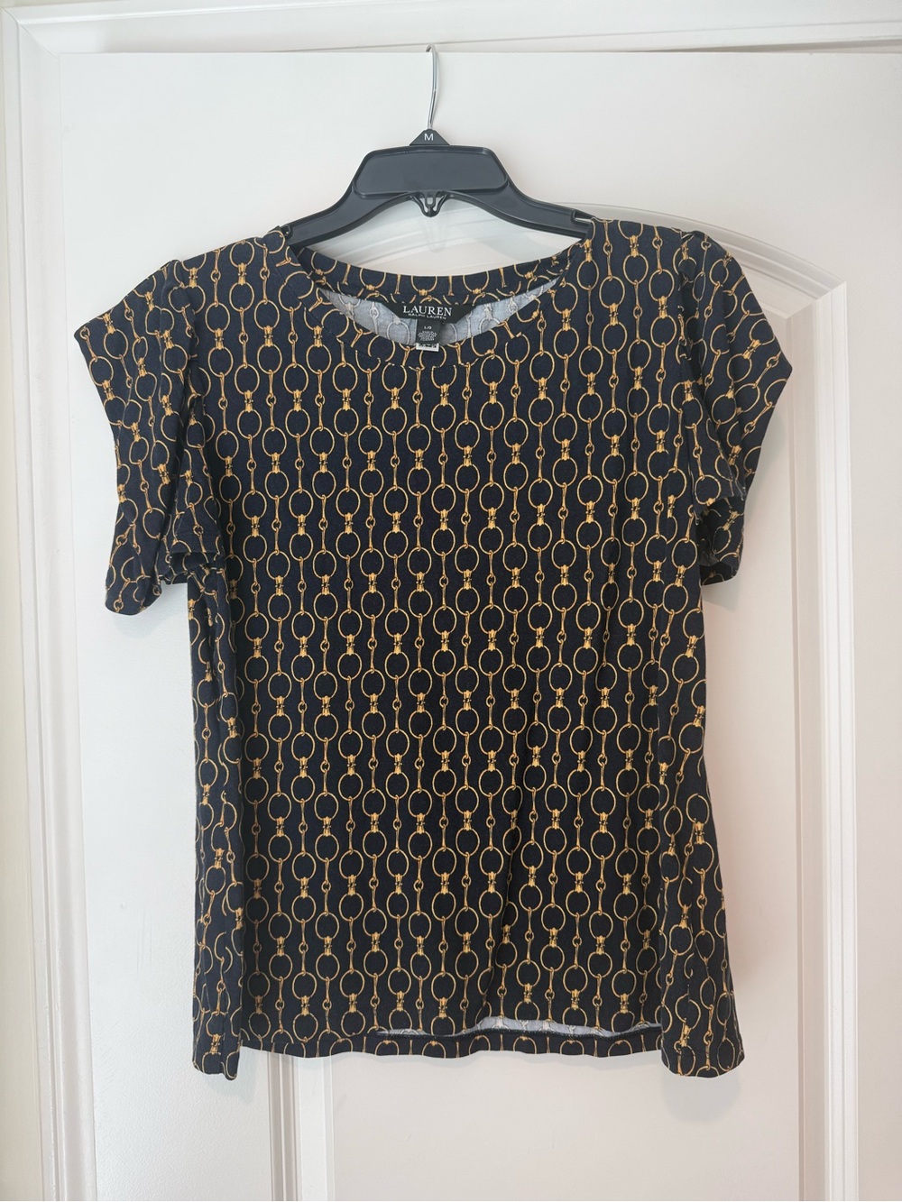 Ralph Lauren Black Short Sleeve Top with Gold Chain-Print